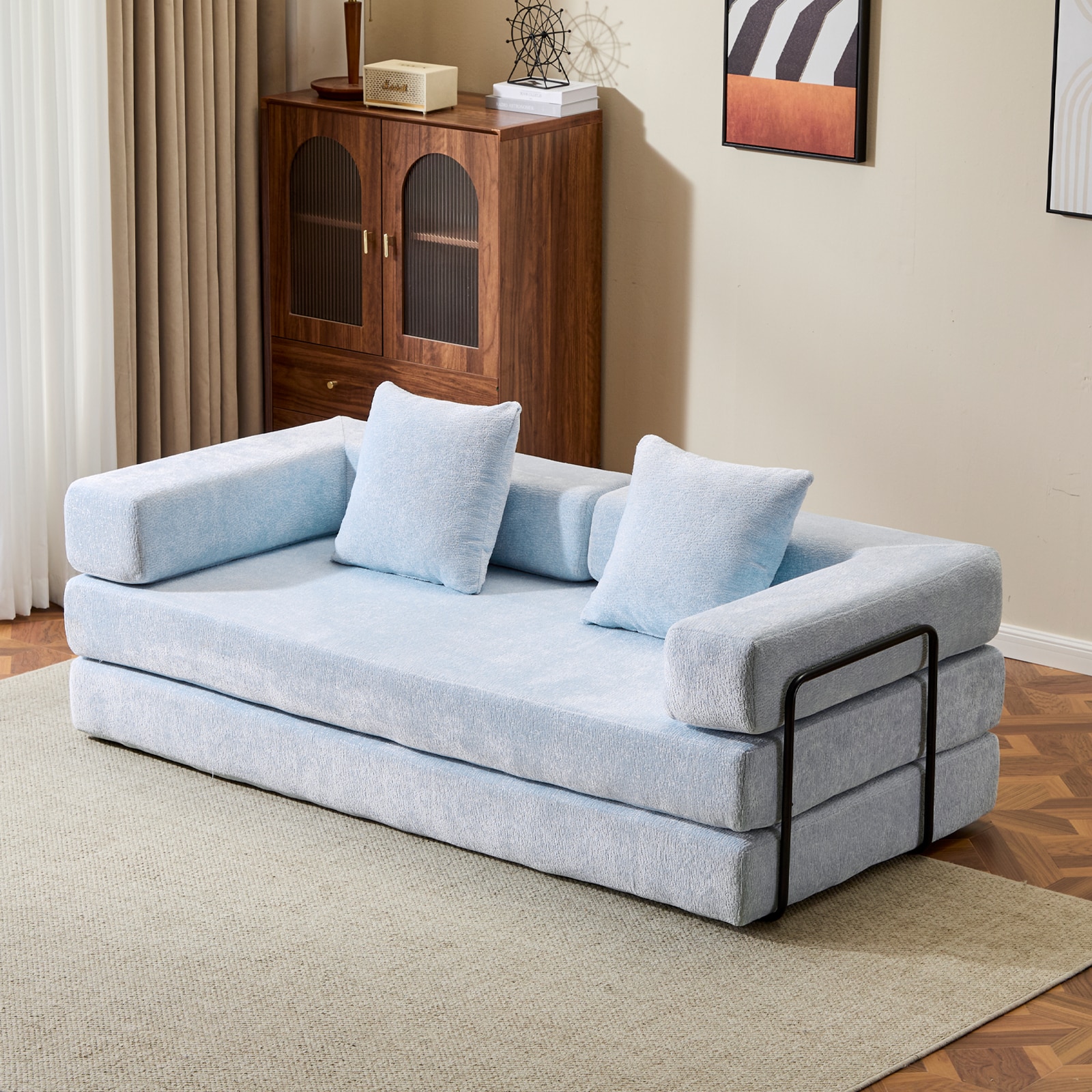 Floor Couch,Compression Sofa,Convertible Floor Sofa Bed-with Pillow Back Support Armrest,Comfy Futon Couch Lounge Sleeper Bed (Light-Blue)_voghion.com